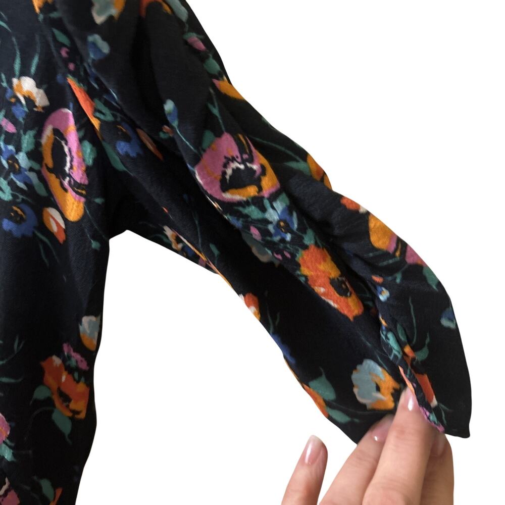 Zara Trafaluc Navy Floral Ruched Sleeve Peplum Top Size Small - Picture 4 of 6